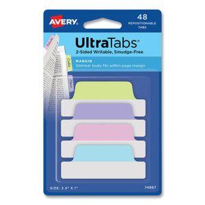 Avery Ultra Tabs Repositionable Tabs, Margin Tabs: 2.5" x 1", 1/5-Cut, Assorted Pastel Colors, 48/Pack (AVE74867) View Product Image