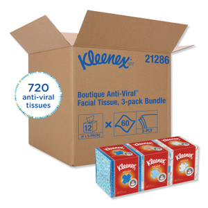 Kleenex Boutique Anti-Viral Facial Tissue, 3-Ply, White, Pop-Up Box, 60 Sheets/Box, 3 Boxes/Pack, 4 Packs/Carton (KCC21286CT) View Product Image