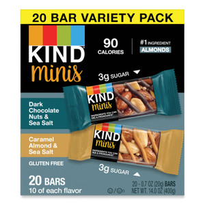 KIND Minis, Dark Chocolate Nuts and Sea Salt/Caramel Almond and Sea Salt, 0.7 oz, 20/Pack View Product Image
