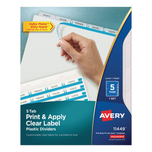 Avery Print and Apply Index Maker Clear Label Plastic Dividers w/Printable Label Strip, 5-Tab, 11 x 8.5, Frosted Clear Tabs, 1 Set View Product Image