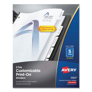 Avery Customizable Print-On Dividers, 3-Hole Punched, 5-Tab, 11 x 8.5, White, 25 Sets (AVE11517) View Product Image