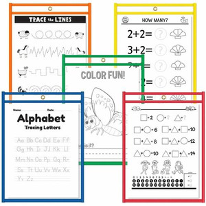 C-Line Reusable Dry Erase Pockets- Assorted Primary Colors - 9" x 12" - Red, Orange, Yellow, Green, Blue Frame - Rectangle - Reusable, Heavyweight, Easy to Clean, Eyelet Product Image 