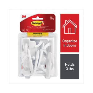 Command General Purpose Hooks, Medium, Plastic, White, 3 lb Capacity, 20 Hooks and 24 Strips/Pack (MMM17001MPES) View Product Image