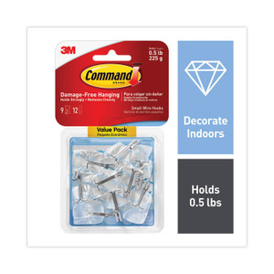 Command Clear Hooks and Strips, Small, Plastic/Metal, 0.5 lb, 9 Hooks and 12 Strips/Pack (MMM17067CLR9ES) View Product Image