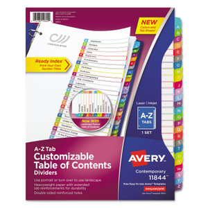 Avery Customizable TOC Ready Index Multicolor Tab Dividers, 26-Tab, A to Z, 11 x 8.5, White, Contemporary Color Tabs, 1 Set (AVE11844) View Product Image