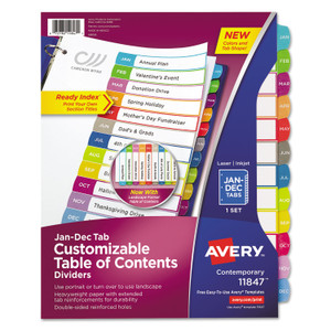 Avery Customizable TOC Ready Index Multicolor Tab Dividers, 12-Tab, Jan. to Dec., 11 x 8.5, White, Contemporary Color Tabs, 1 Set (AVE11847) View Product Image