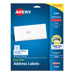 Avery Easy Peel White Address Labels w/ Sure Feed Technology, Inkjet Printers, 1 x 2.63, White, 30/Sheet, 25 Sheets/Pack (AVE8160) View Product Image
