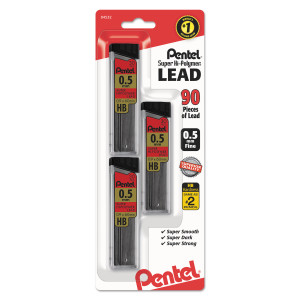 Pentel Super Hi-Polymer Lead Refills, 0.5 mm, HB, Black, 30/Tube, 3 Tubes/Pack (PENC25BPHB3K6) View Product Image