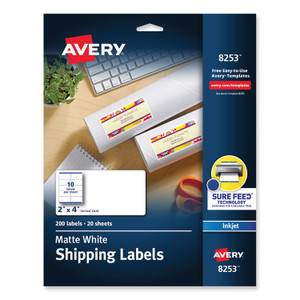 Avery Vibrant Inkjet Color-Print Labels w/ Sure Feed, 2 x 4, Matte White, 200/PK View Product Image