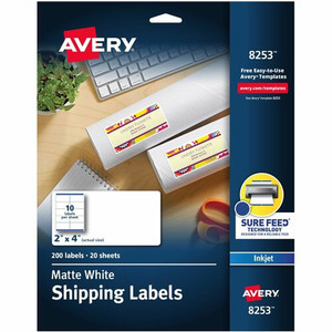 Avery White Shipping Labels, Sure Feed, 2" x 4" , 200 Labels (8253) - 2" Width x 4" Length - Permanent Adhesive - Rectangle - Inkjet - White Product Image 
