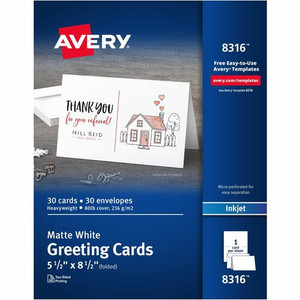 Avery Half-Fold Greeting Cards, Matte, 5-1/2" x 8-1/2" , 30 Cards/Envelopes (8316) - 97 Brightness - 8 1/2" x 5 1/2" - Matte - Perforated, Heavyweight, Rounded Corner - White Product Image 