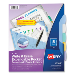 Avery Write and Erase Big Tab Durable Plastic Dividers, Expandable Pocket, 3-Hole Punched, 5-Tab, 11 x 8.5, Assorted, 1 Set (AVE16183) View Product Image