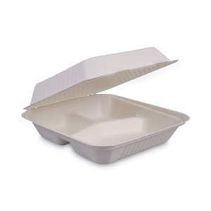 Boardwalk Bagasse Food Containers, Hinged-Lid, 3-Compartment 9 x 9 x 3.19, White, Sugarcane, 100/Sleeve, 2 Sleeves/Carton (BWKHINGEWF3CM9) View Product Image