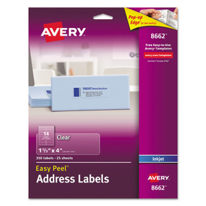 Avery Matte Clear Easy Peel Mailing Labels w/ Sure Feed Technology, Inkjet Printers, 1.33 x 4, Clear, 14/Sheet, 25 Sheets/Pack (AVE8662) View Product Image