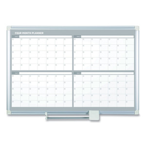 MasterVision Magnetic Dry Erase Calendar Board, Four-Month Planning/Scheduling, 48" x 36", White Surface, Satin Aluminum Frame View Product Image