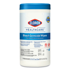 Clorox Healthcare Bleach Germicidal Wipes, 1-Ply, 6.75 x 9, Unscented, White, 70/Canister CLO35309 (CLO35309) View Product Image