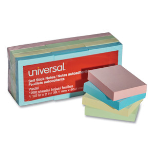 Universal Self-Stick Note Pads, 1.5" x 2", Assorted Pastel Colors, 100 Sheets/Pad, 12 Pads/Pack (UNV35663) View Product Image