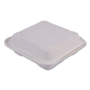 Eco-Products Bagasse Hinged Clamshell Containers, 3-Compartment, 9 x 9 x 3, White, Sugarcane, 50/Pack, 4 Packs/Carton (ECOEPHC93) View Product Image