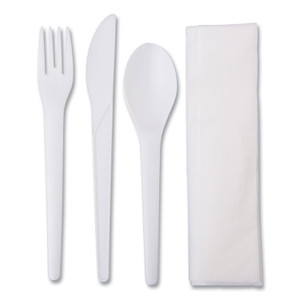 Eco-Products Plantware Compostable Cutlery Kit, Knife/Fork/Spoon/Napkin, 6", Pearl White, 250 Kits/Carton (ECOEPS015) View Product Image