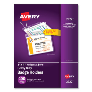 Avery Secure Top Hanging-Style Badge Holders, Horizontal, 4w x 3h, Clear, 100/Box View Product Image