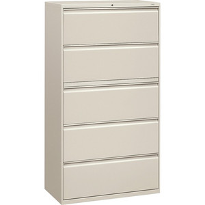 HON Brigade 800 H885 Lateral File - 64.3" Height x 36" Width x 18" Depth - 5 - Finish: Light Gray - Radius Pull, Lockable, Glide, Removable Lock, Heavy Duty - For File Storage, Workstation, Desk, Office Product Image 
