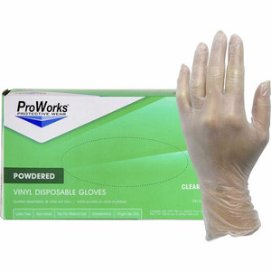 ProWorks Vinyl Powdered Industrial Gloves - 3 mil Thickness x 9" Glove Length - Medium Size - Vinyl - Clear - Powdered, Non-sterile Product Image 