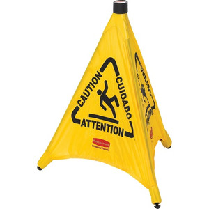 Rubbermaid Commercial Multi-Lingual Caution Safety Cone - Print/Message "Caution" , "Attention" , "Cuidado" - 21" Width x 20" Height x 21" Depth - Wall Mountable - Durable, Multilingual - Yellow Product Image 