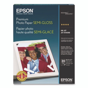Epson Premium Photo Paper, 10.4 mil, 8.5 x 11, Semi-Gloss White, 20/Pack Product Image 