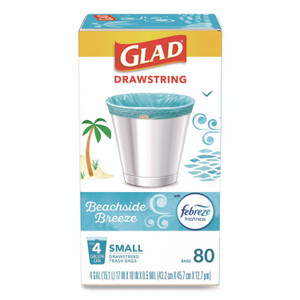 Glad OdorShield Small Drawstring Trash Bags, 4 gal, Beachside Breeze Scent, 0.5 mil, 18" x 17", Blue, 80/Box Product Image 