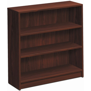 HON 1870 Series Bookcase | 3 Shelves | 36"W | Mahogany Finish - 3 Shelf(ves) - 36" Height x 36" Width x 11.50" Depth - Abrasion Resistant, Leveling Glide, Sturdy, Scratch Resistant, Spill Resistant, Stain Resistant - 42% Recycled - Laminate Product Image 