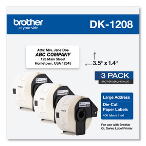 Brother Die-Cut Address Labels, 1.4 x 3.5, White, 400 Labels/Roll, 3 Rolls/Pack Product Image 