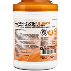 PDI Sani-Cloth Bleach Germicidal Wipes - 10.50" Length x 6" Width - Disposable, Presaturated, Pre-moistened, Fungicide - White - 75/Tub - (PDIP54072CT) Product Image 
