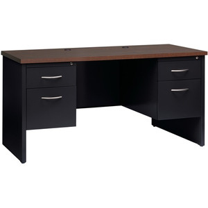 Lorell Fortress Modular Series Double-pedestal Credenza - 60" Width x 24" Depth, x 1.1" Thickness Top - 2 x Box, File Drawer(s) - Double Pedestal - Material: Steel - Finish: Walnut Laminate, Black Product Image 