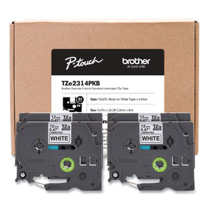 Brother P-Touch TZe Series Standard Adhesive Laminated Labeling Tape, 0.5", Black on White, 4/Pack Product Image 