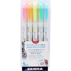 Zebra MILDLINER Dual Ended Brush Pen & Marker Set - Fine Marker Point - Brush Marker Point Style - Fluorescent Pink Pigment-based, Fluorescent Orange, Fluorescent Yellow, Fluorescent Blue, Fluorescent Green Ink Product Image 