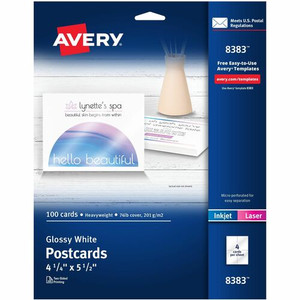 Avery Printable Postcards, 4.25" x 5.5" , Glossy White (8383) - 98 Brightness - 5 1/2" x 4 1/4" - 74 lb Basis Weight - 201 g/m² Grammage - Glossy Product Image 