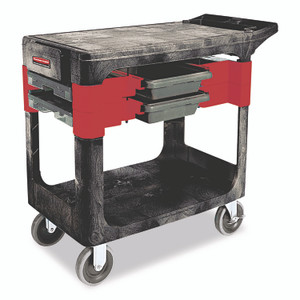 Rubbermaid Commercial Two-Shelf Trades Cart, Plastic, 2 Shelves, 2 Drawers, 330 lb Capacity, 19.25" x 38" x 33.38", Black Product Image 