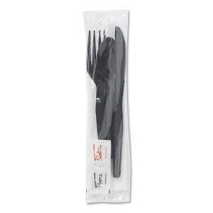 Dixie Wrapped Tableware/Napkin Packets, Mediumweight, Fork/Knife/Napkin/Spoon, Plastic, Black, 250/Carton Product Image 
