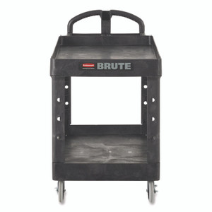 Rubbermaid Commercial BRUTE Heavy-Duty Utility Cart with Lipped Shelves, Plastic, 2 Shelves, 750 lb Capacity, 26" x 55" x 33.25", Black Product Image 