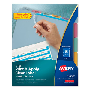 Avery Print and Apply Index Maker Clear Label Plastic Dividers with Printable Label Strip, 5-Tab, 11 x 8.5, Assorted Tabs, 1 Set (AVE11452) Product Image 