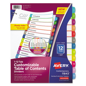 Avery Customizable TOC Ready Index Multicolor Tab Dividers, 12-Tab, 1 to 12, 11 x 8.5, White, Contemporary Color Tabs, 1 Set Product Image 