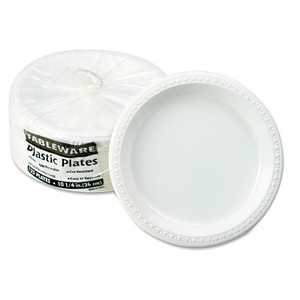 Tablemate Plastic Dinnerware, Plates, 10.25" dia, White, 125/Pack Product Image 