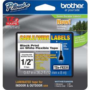 P-touch Flexible Cable/Wire TZe ID Tape - x 15/32" Width x 26 1/5 ft Length - Roll - Removable Adhesive - Rectangle - Thermal Transfer Product Image 