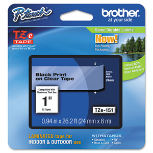 Brother P-Touch TZe Standard Adhesive Laminated Labeling Tape, 0.94" x 26.2 ft, Black on Clear Product Image 