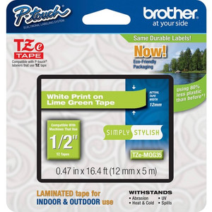 P-touch TZe Laminated Tape - x 15/32" Width x 16 13/32 ft Length - Rectangle - Direct Thermal, Thermal Transfer - Lime Green - Water Resistant Product Image 