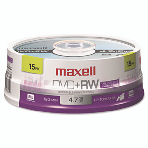Maxell DVD+RW Rewritable Disc, 4.7 GB, 4x, Spindle, Silver, 15/Pack Product Image 