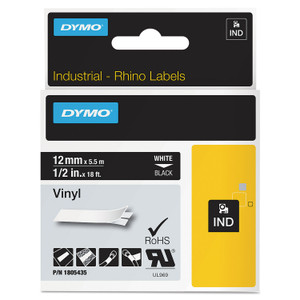 DYMO Rhino Permanent Vinyl Industrial Label Tape, 0.5" x 18 ft, Black/White Print Product Image 