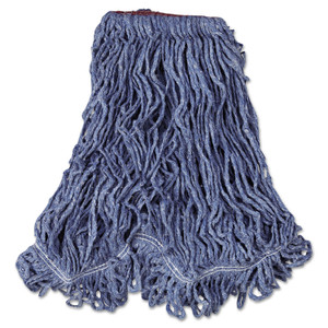 Rubbermaid Commercial Super Stitch Blend Mop Head, Cotton/Synthetic, Large, 1" Red Headband, Blue, 6/Carton Product Image 