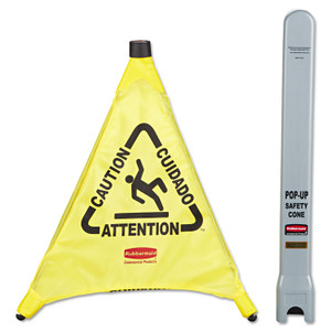 Rubbermaid Commercial Multilingual Pop-Up Safety Cone, 3-Sided, Fabric, 21 x 21 x 20, Yellow Product Image 