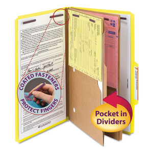 Smead 6-Section Pressboard Top Tab Pocket Classification Folders, 6 SafeSHIELD Fasteners, 2 Dividers, Legal Size, Yellow, 10/Box Product Image 